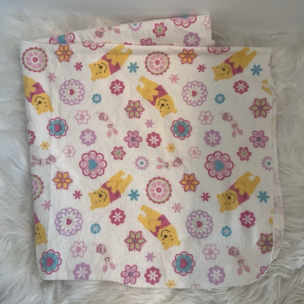 VTG Winnie the Pooh Disney Pooh Piglet Floral Pink Baby Receiving Blanket 30x30”